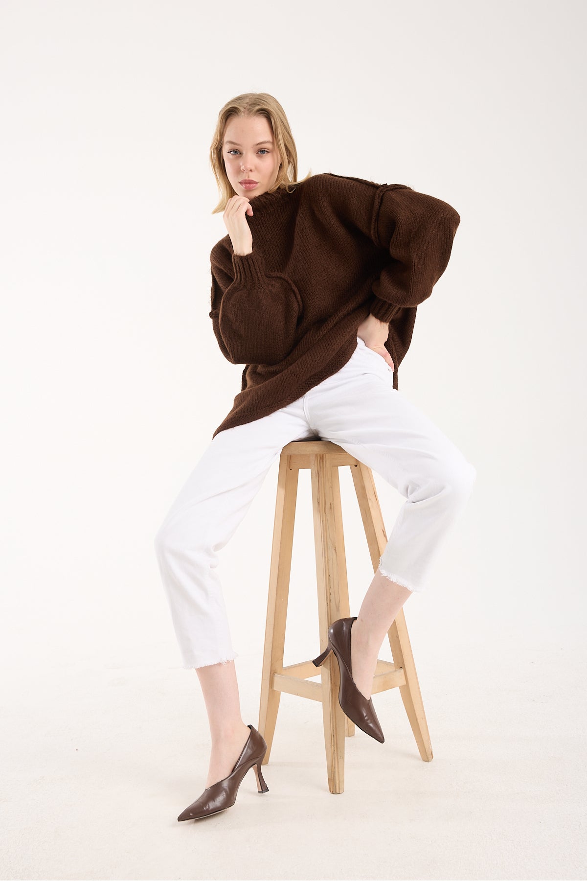 Yumoş ip ters dikiş oversize kadın kazak dik yaka 6513