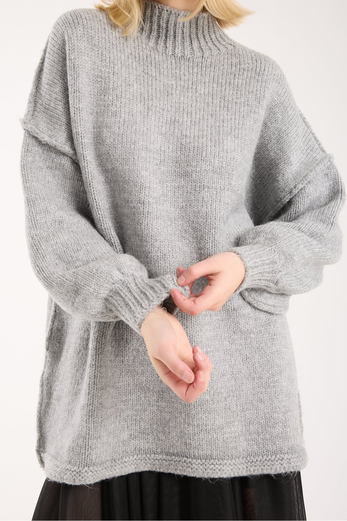 Yumoş ip ters dikiş oversize kadın kazak dik yaka 6513