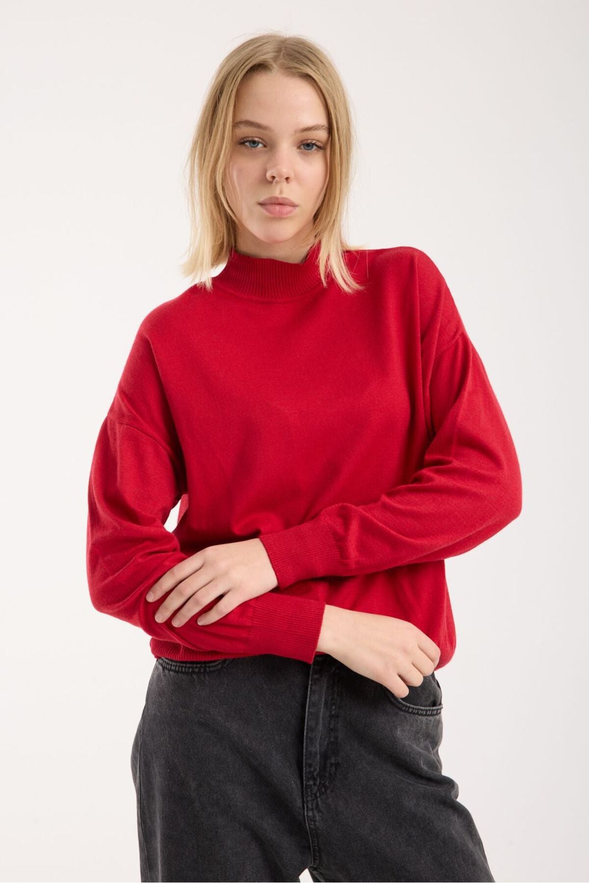 Kadın triko kazak yumuşak doku dik yaka basic 3522