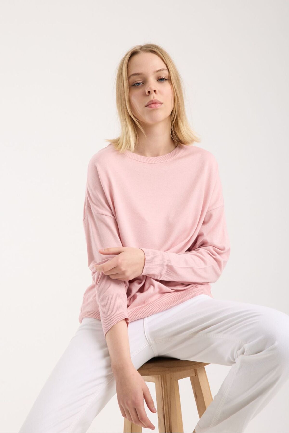 Kadın triko kazak yumuşak doku bisiklet yaka basic 3519