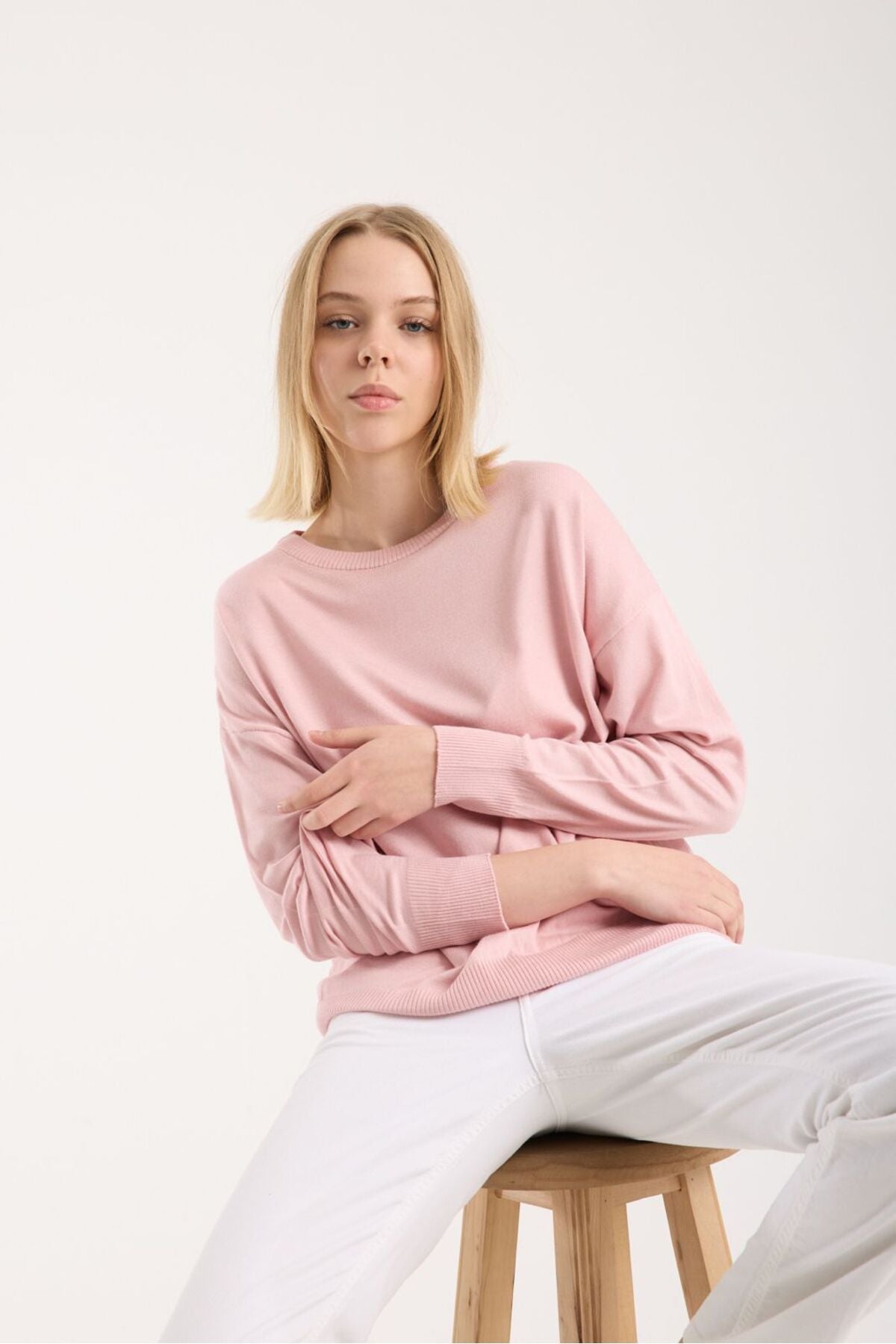 Kadın triko kazak yumuşak doku bisiklet yaka basic 3519