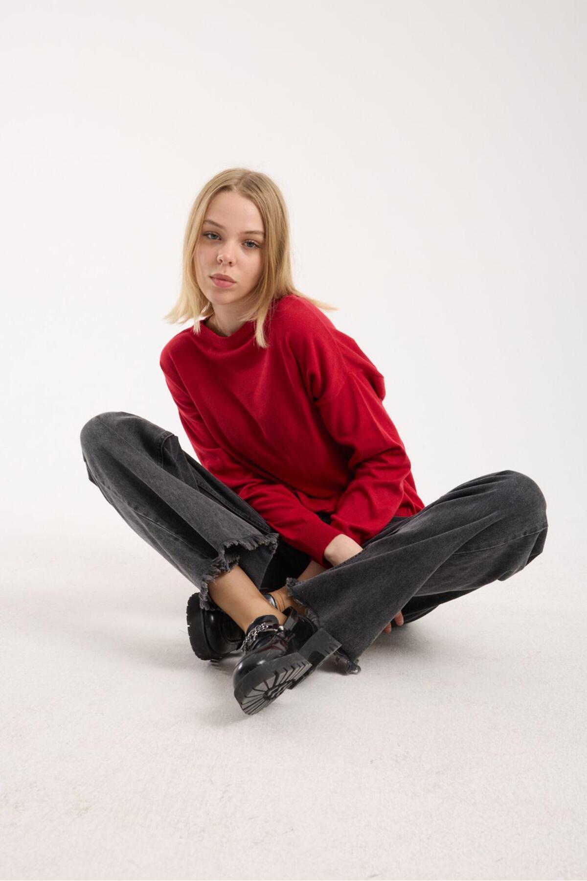 Kadın triko kazak yumuşak doku bisiklet yaka basic 3519