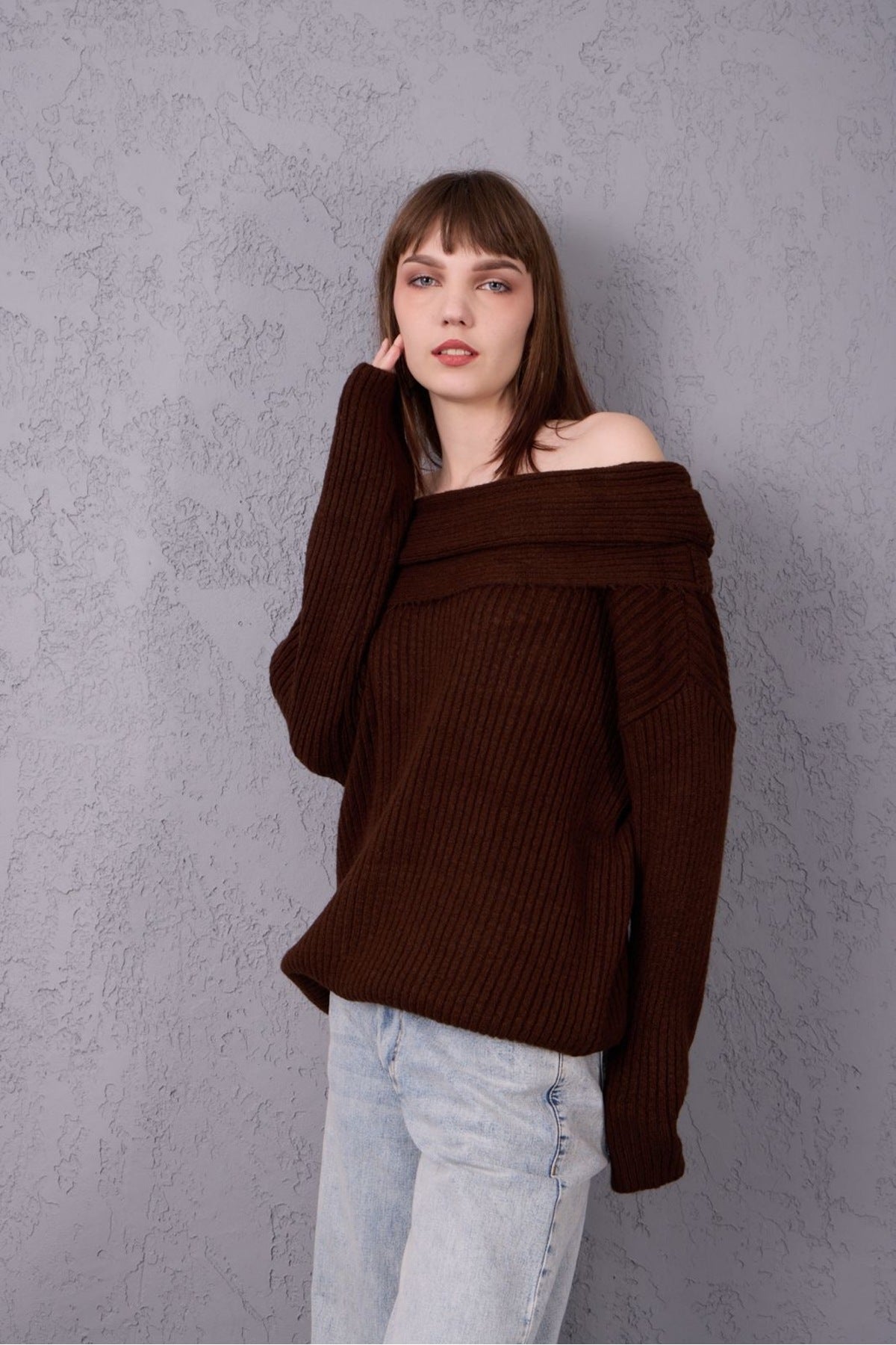 kadın yumoş kalın yumuşak Madonna yaka şık triko uzun kol kazak 3465