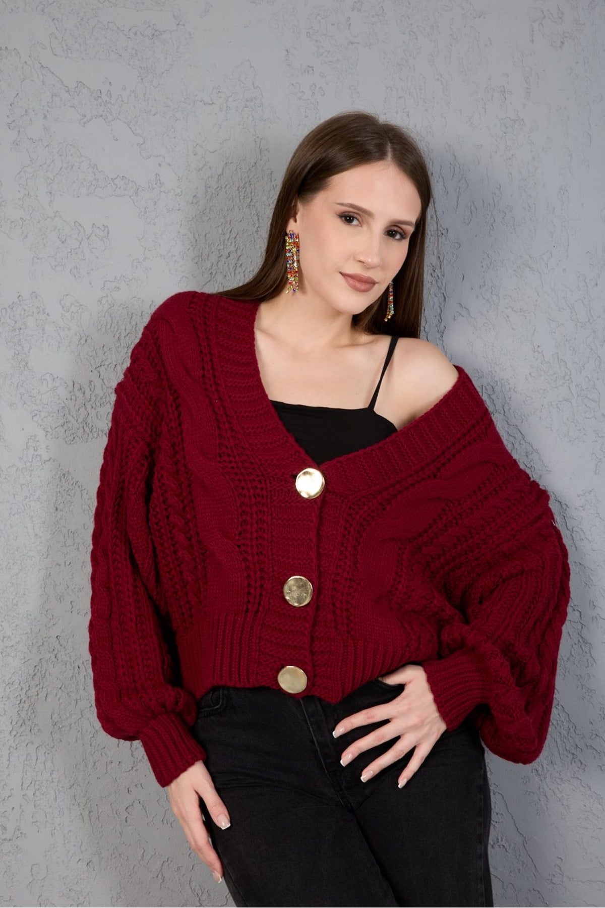 Kadın Triko Hırka Kazak V Yaka Düğmeli Kalın Yumuşak Şık Trend 3536