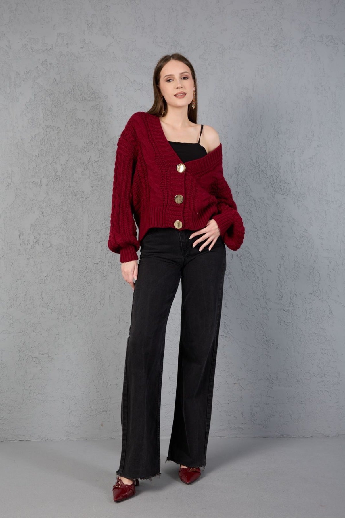 Kadın Triko Hırka Kazak V Yaka Düğmeli Kalın Yumuşak Şık Trend 3536