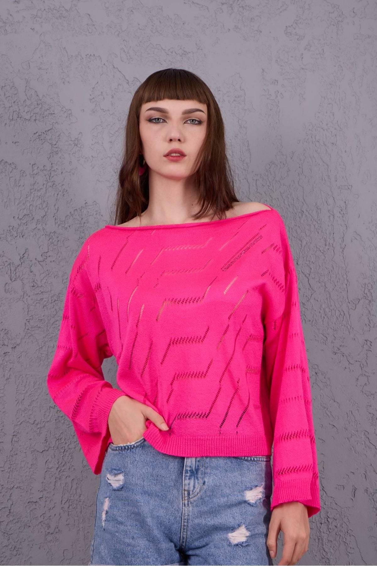 Kadın Triko Kazak Giyim Taşlı Kayık Yaka Tasarım Şık Yeni Yıl 3535