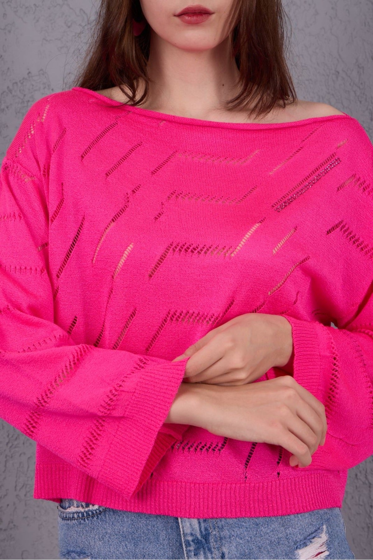 Kadın Triko Kazak Giyim Taşlı Kayık Yaka Tasarım Şık Yeni Yıl 3535