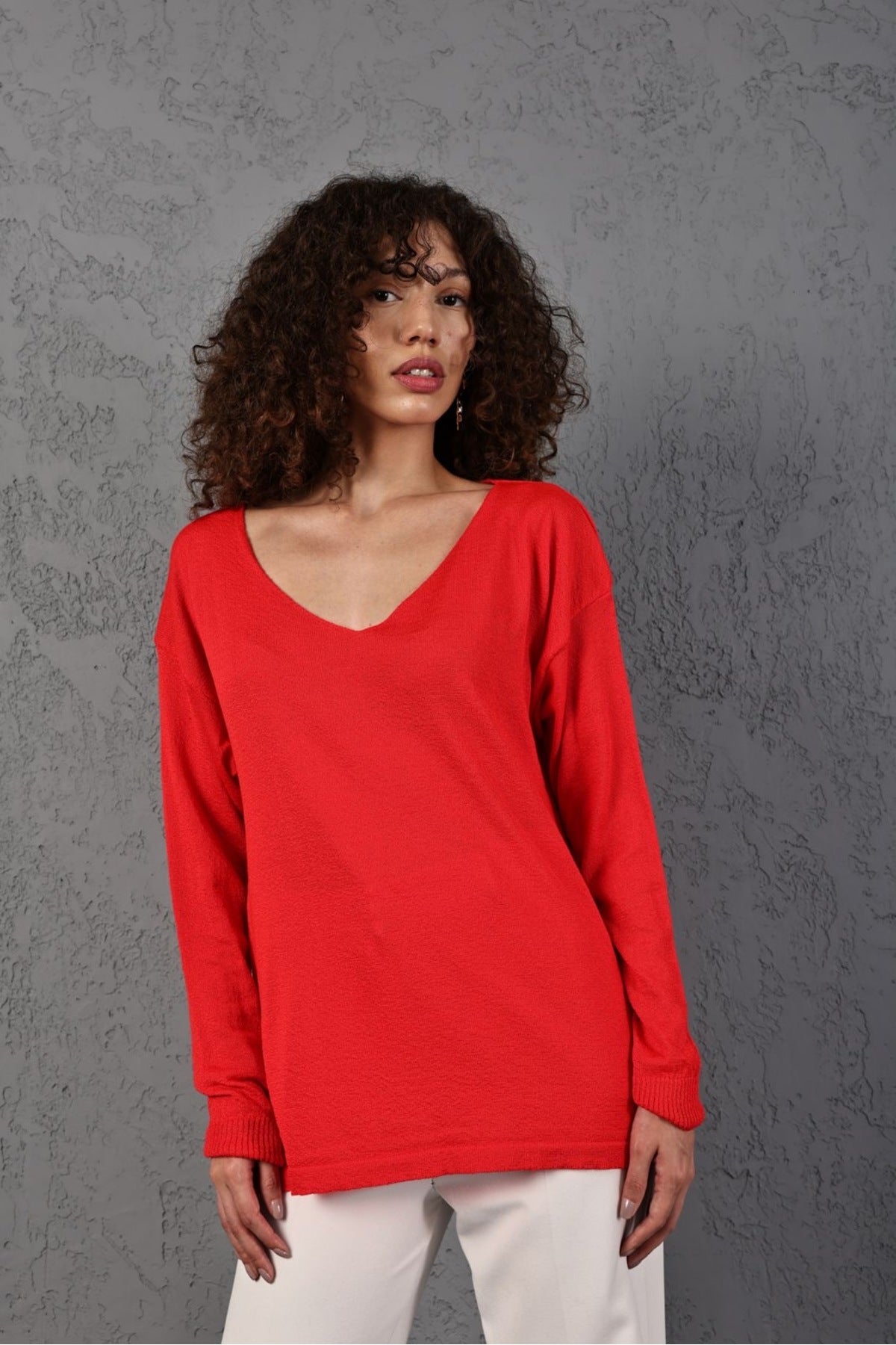 Kadın Triko Kazak V yaka Basic Yumuşak Doku Merserize Trend Ofis Şıklığı 3534