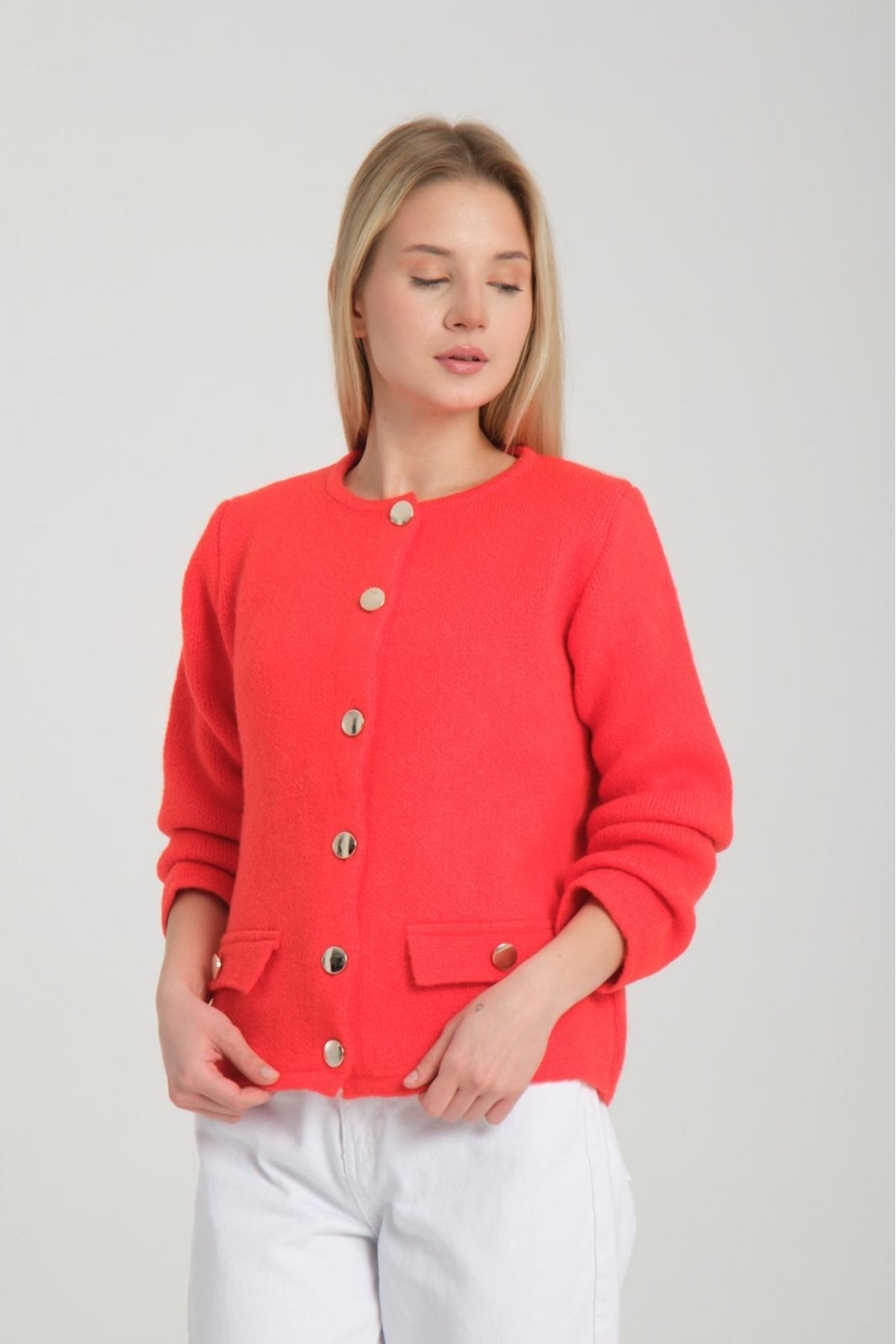 kadın triko hırka düğmeli uzunkol yumoş bisiklet yaka rahat kalıp hırka 3475