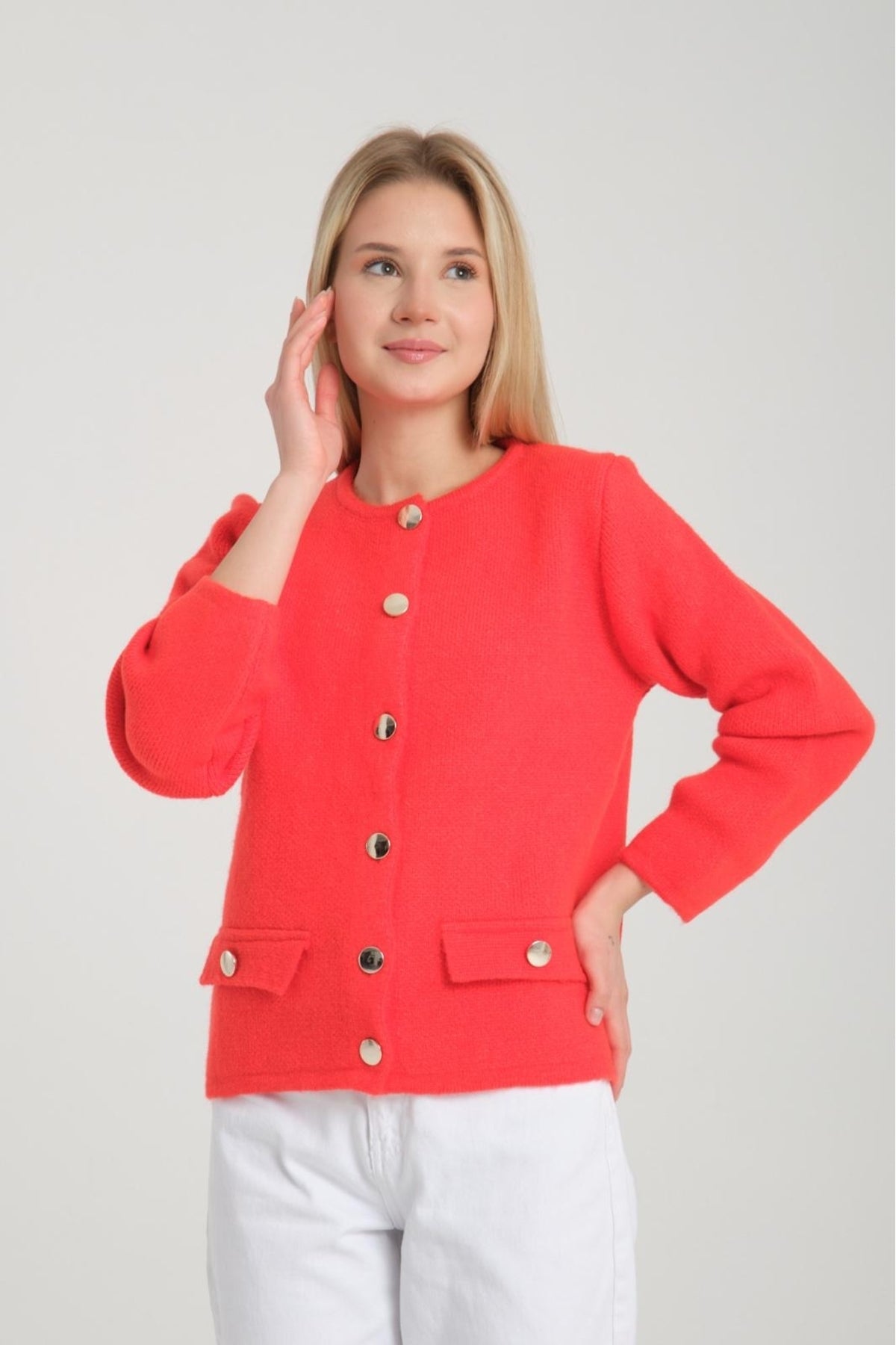 kadın triko hırka düğmeli uzunkol yumoş bisiklet yaka rahat kalıp hırka 3475