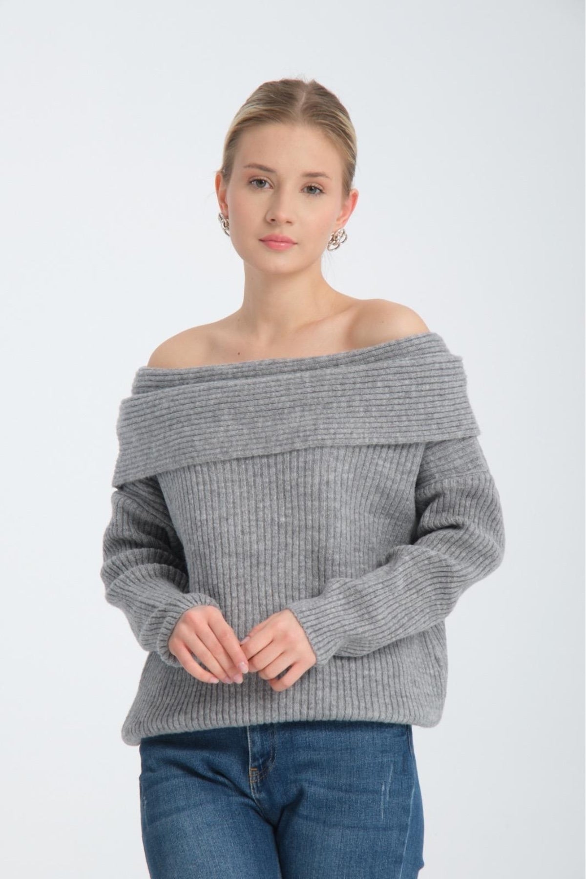 kadın yumoş kalın yumuşak Madonna yaka şık triko uzun kol kazak 3465