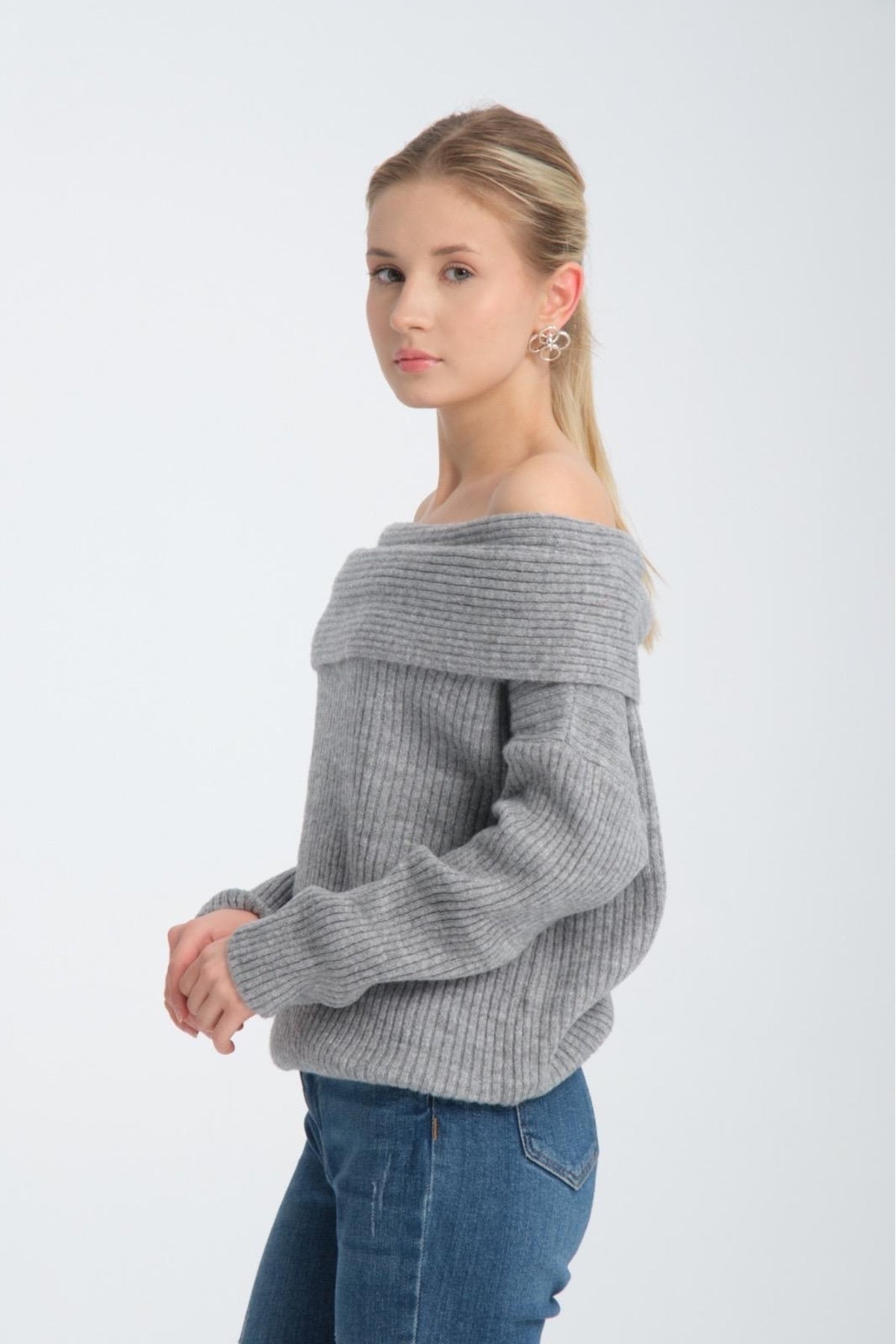 kadın yumoş kalın yumuşak Madonna yaka şık triko uzun kol kazak 3465