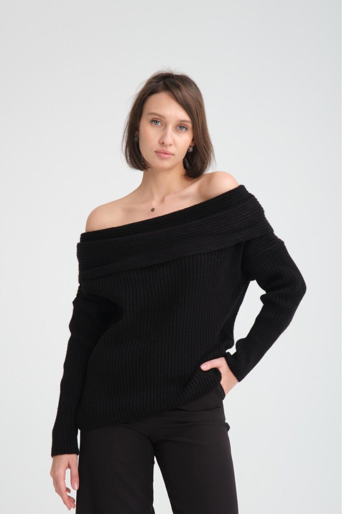 kadın yumoş kalın yumuşak Madonna yaka şık triko uzun kol kazak 3465