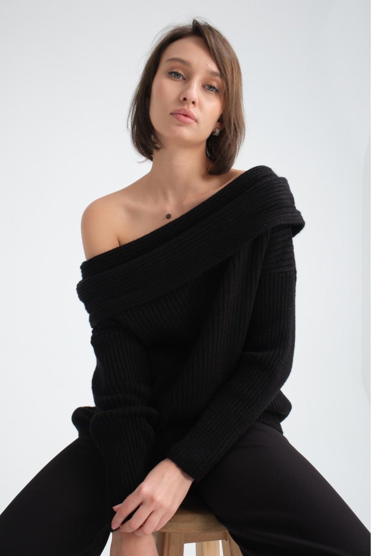 kadın yumoş kalın yumuşak Madonna yaka şık triko uzun kol kazak 3465