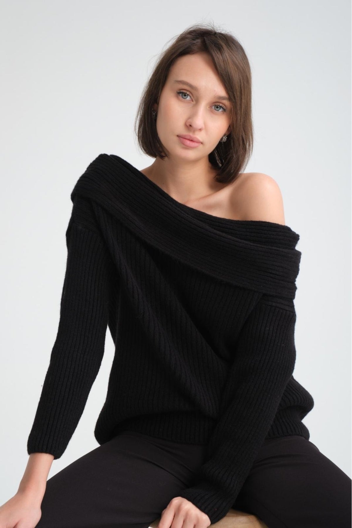 kadın yumoş kalın yumuşak Madonna yaka şık triko uzun kol kazak 3465