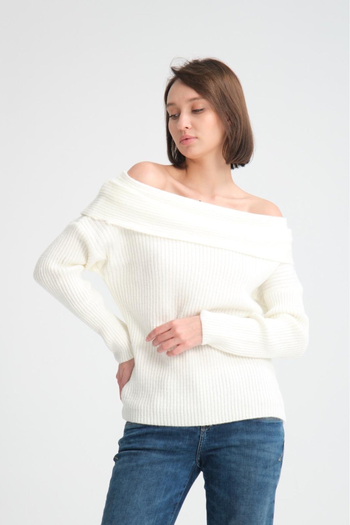 kadın yumoş kalın yumuşak Madonna yaka şık triko uzun kol kazak 3465