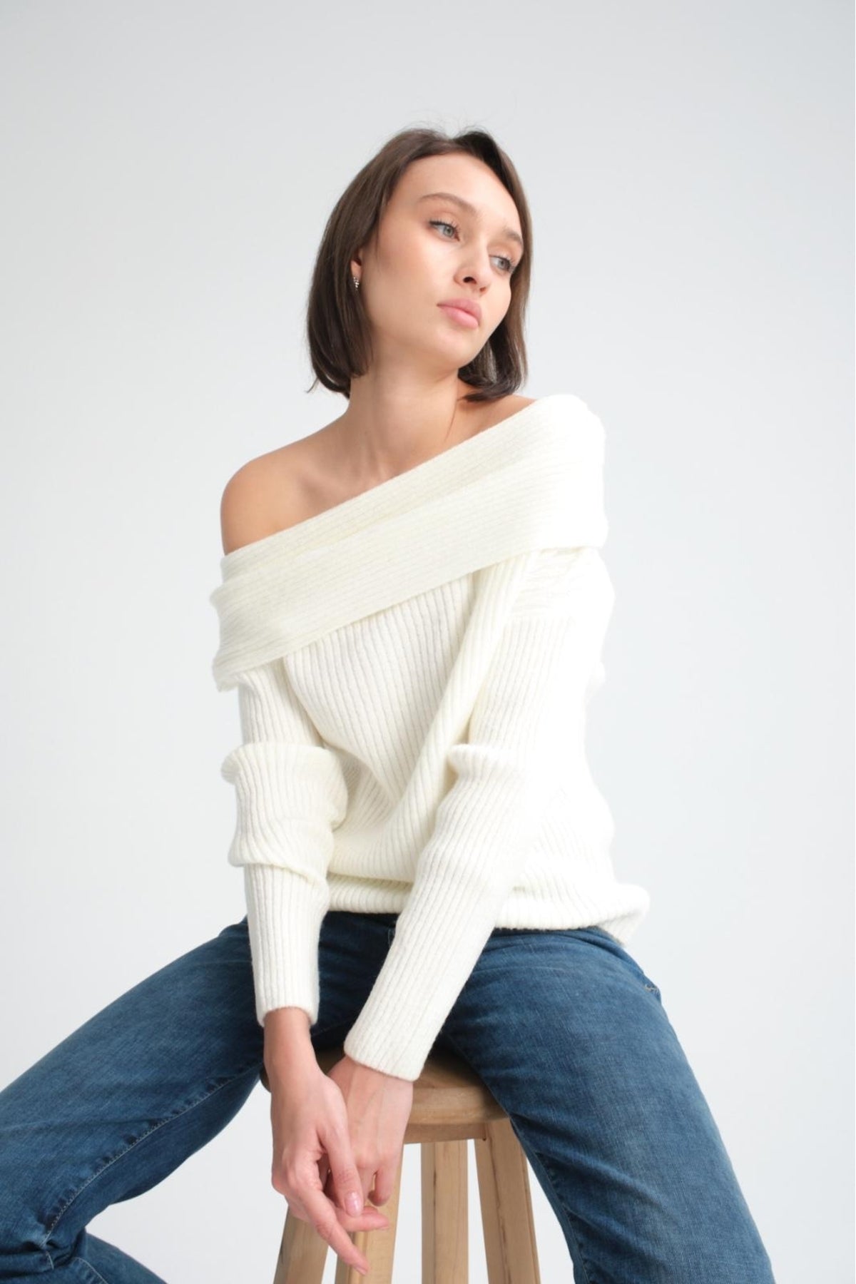 kadın yumoş kalın yumuşak Madonna yaka şık triko uzun kol kazak 3465