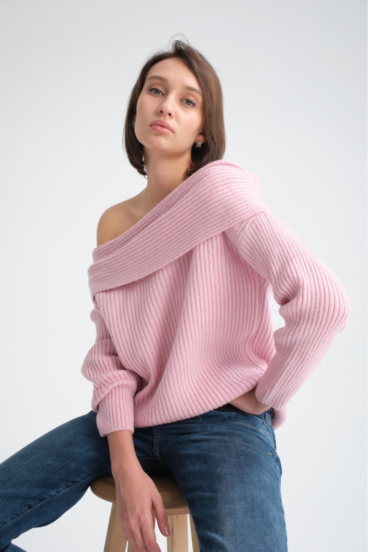 kadın yumoş kalın yumuşak Madonna yaka şık triko uzun kol kazak 3465