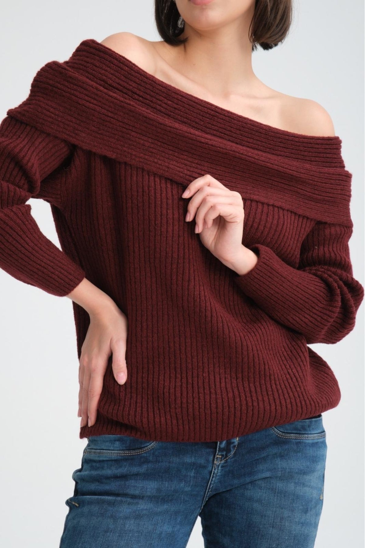 kadın yumoş kalın yumuşak Madonna yaka şık triko uzun kol kazak 3465