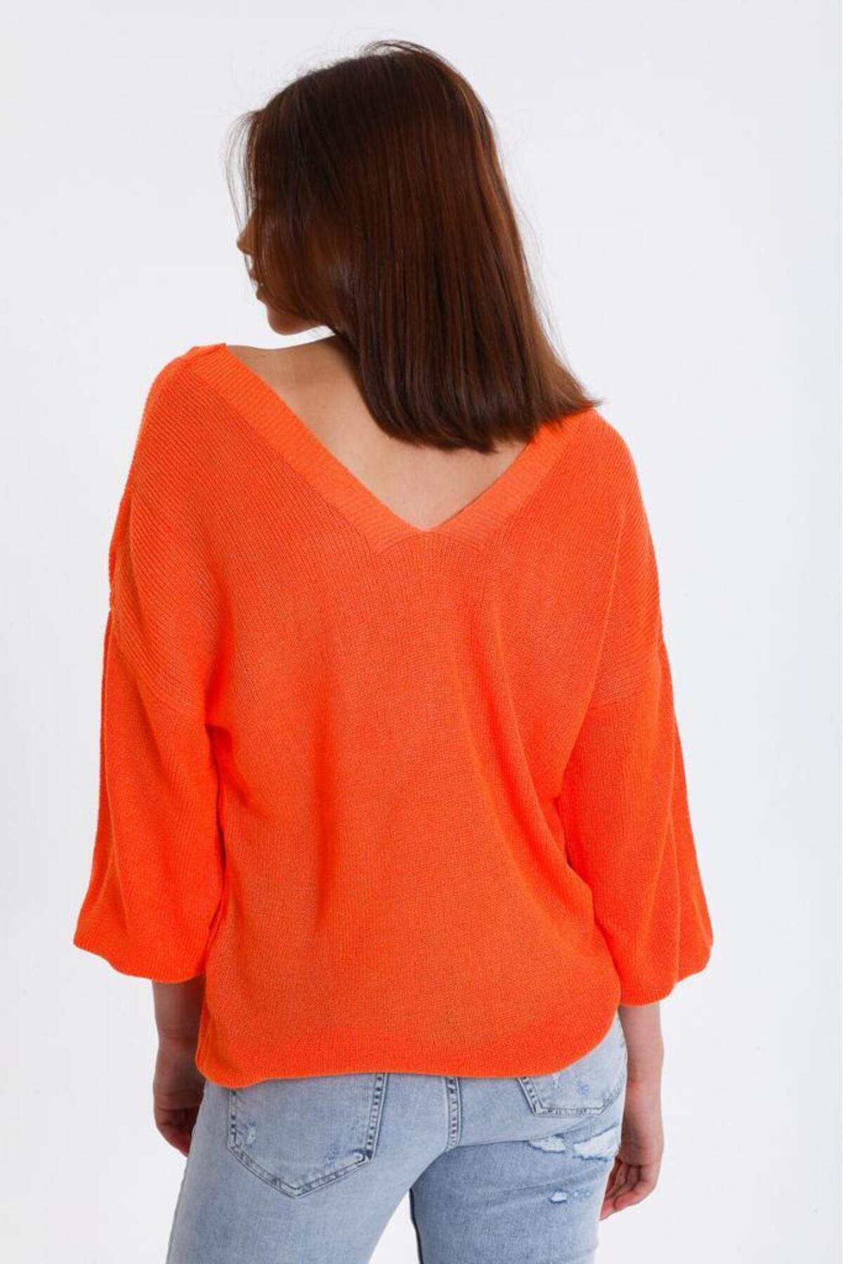 Kadın Giyim Bluz Merserize Kazak Ön Arka V Yaka Balon Kol Ince Merserize Triko Örme Salaş Kazak 3276