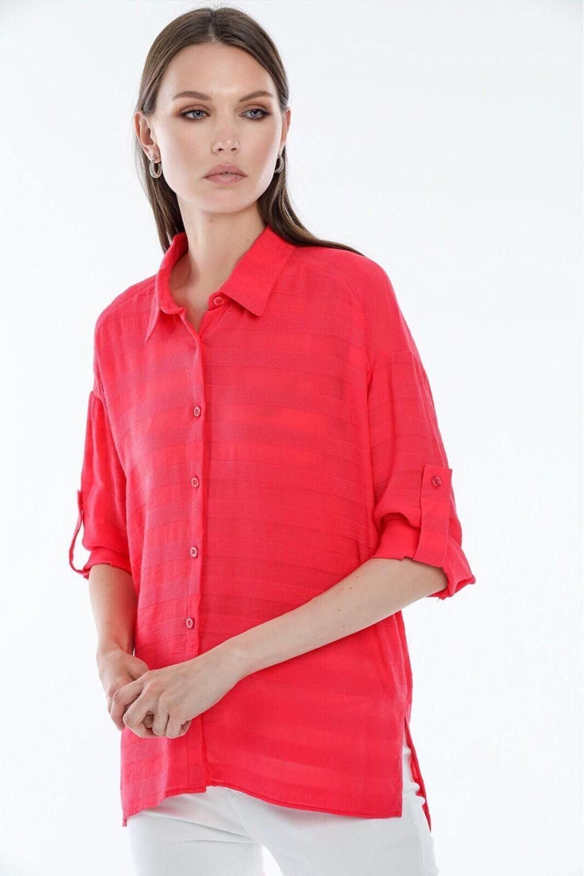 Kadın Giyim Gömlek Keten Görünümlü Bej Rengi Hafif Serin Tutan Yazlık Şıklık Rahat Kalıp 5180