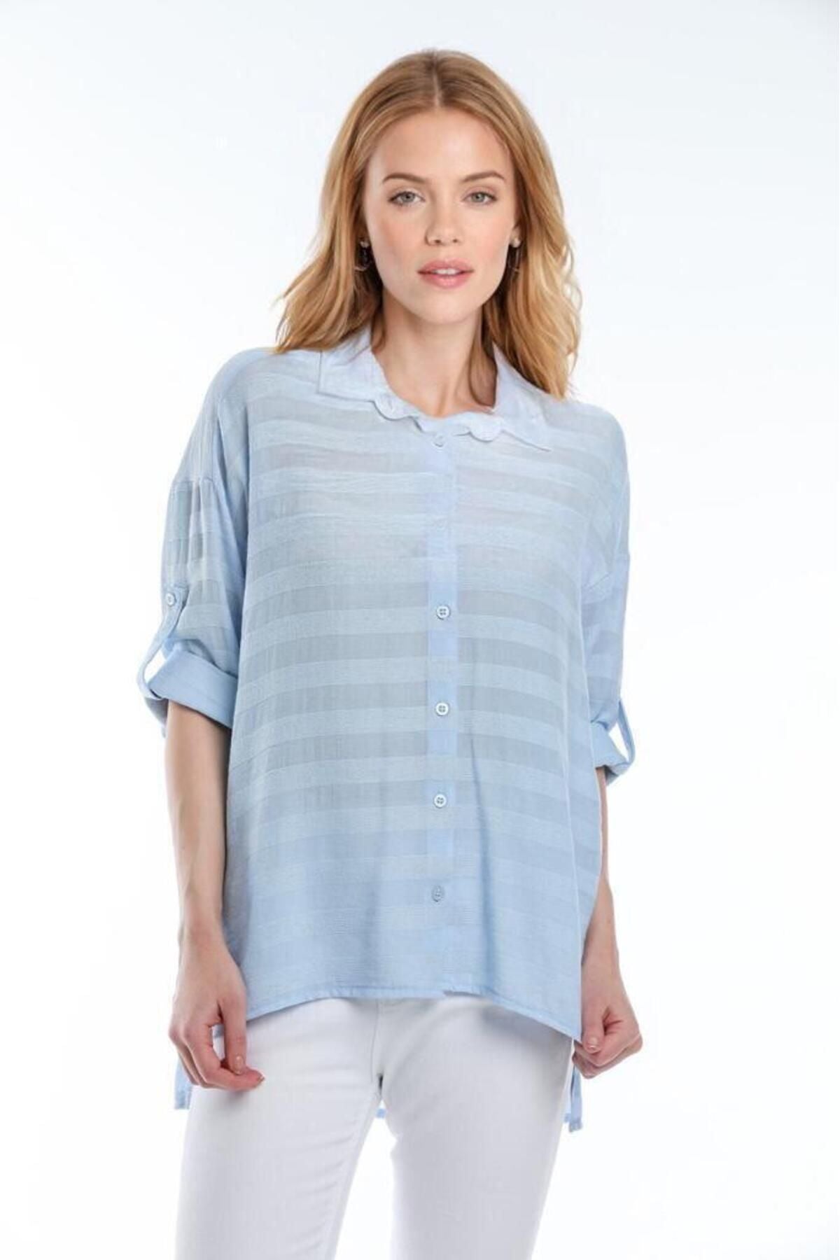 Kadın Giyim Gömlek Keten Görünümlü Bej Rengi Hafif Serin Tutan Yazlık Şıklık Rahat Kalıp 5180