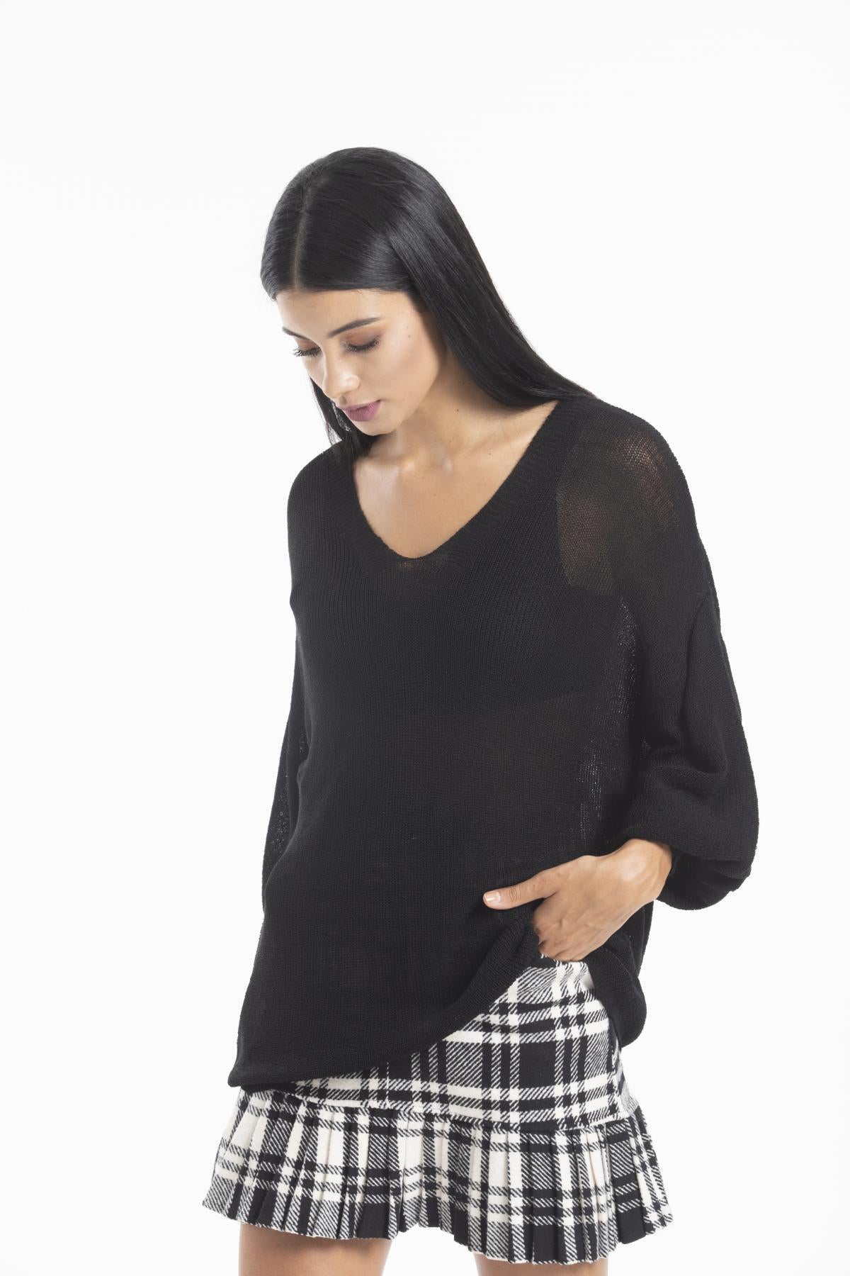 Kadın Giyim Bluz Merserize Kazak Ön Arka V Yaka Balon Kol Ince Merserize Triko Örme Salaş Kazak 3276