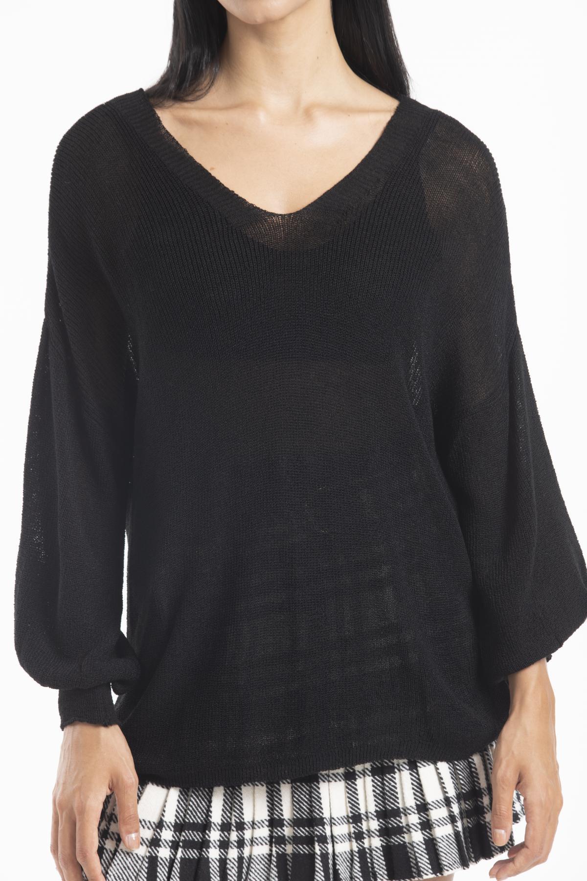 Kadın Giyim Bluz Merserize Kazak Ön Arka V Yaka Balon Kol Ince Merserize Triko Örme Salaş Kazak 3276