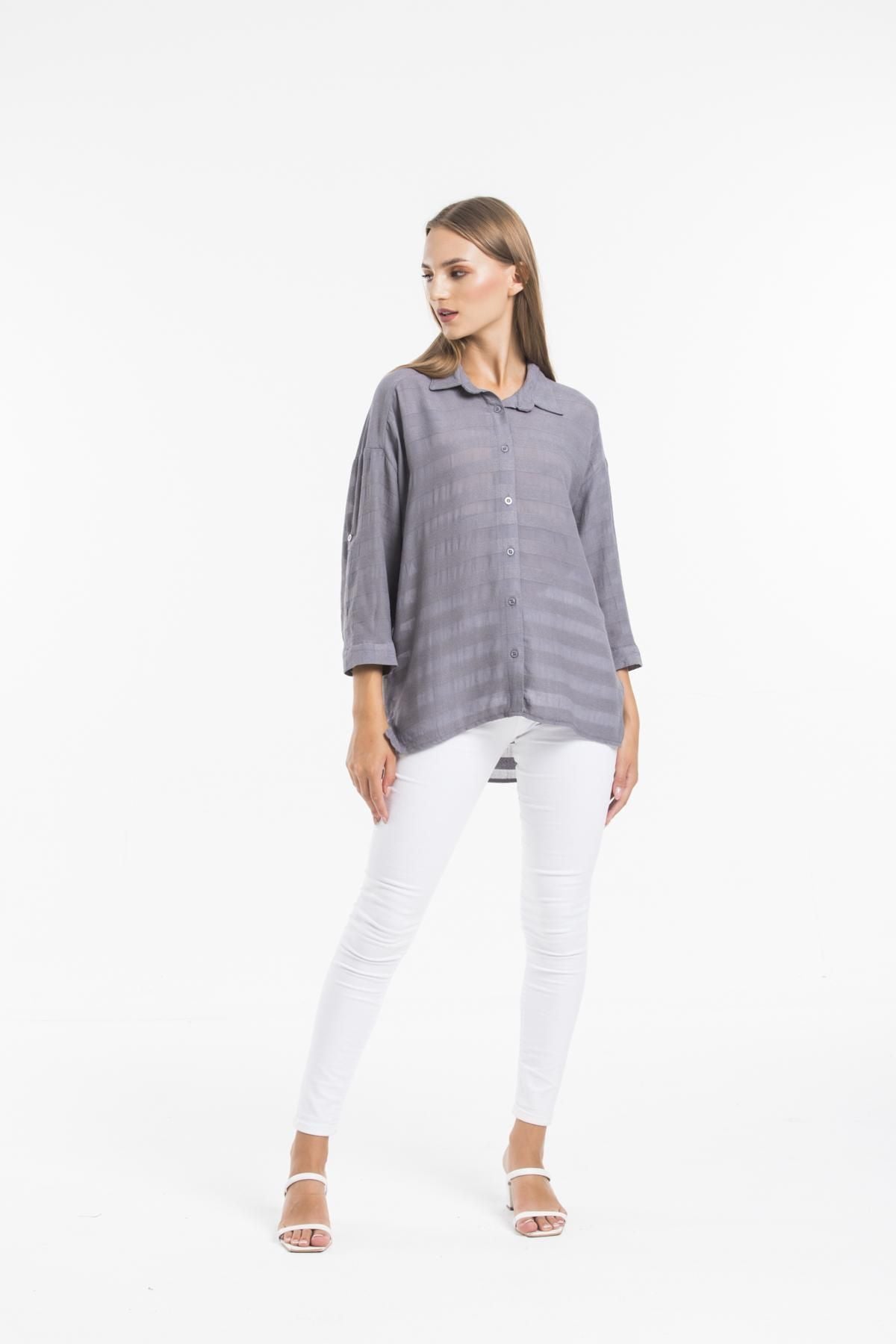 Kadın Giyim Gömlek Keten Görünümlü Bej Rengi Hafif Serin Tutan Yazlık Şıklık Rahat Kalıp 5180