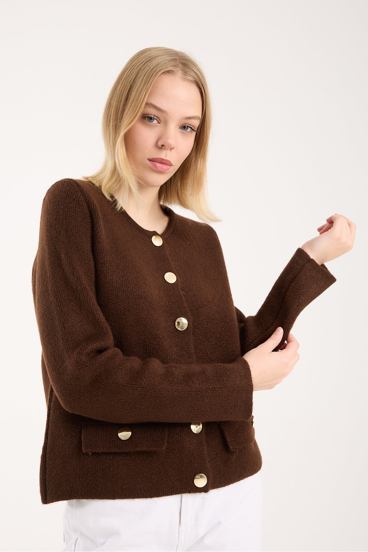 Yumoş ip düğmeli cepli kadın hırka 6517