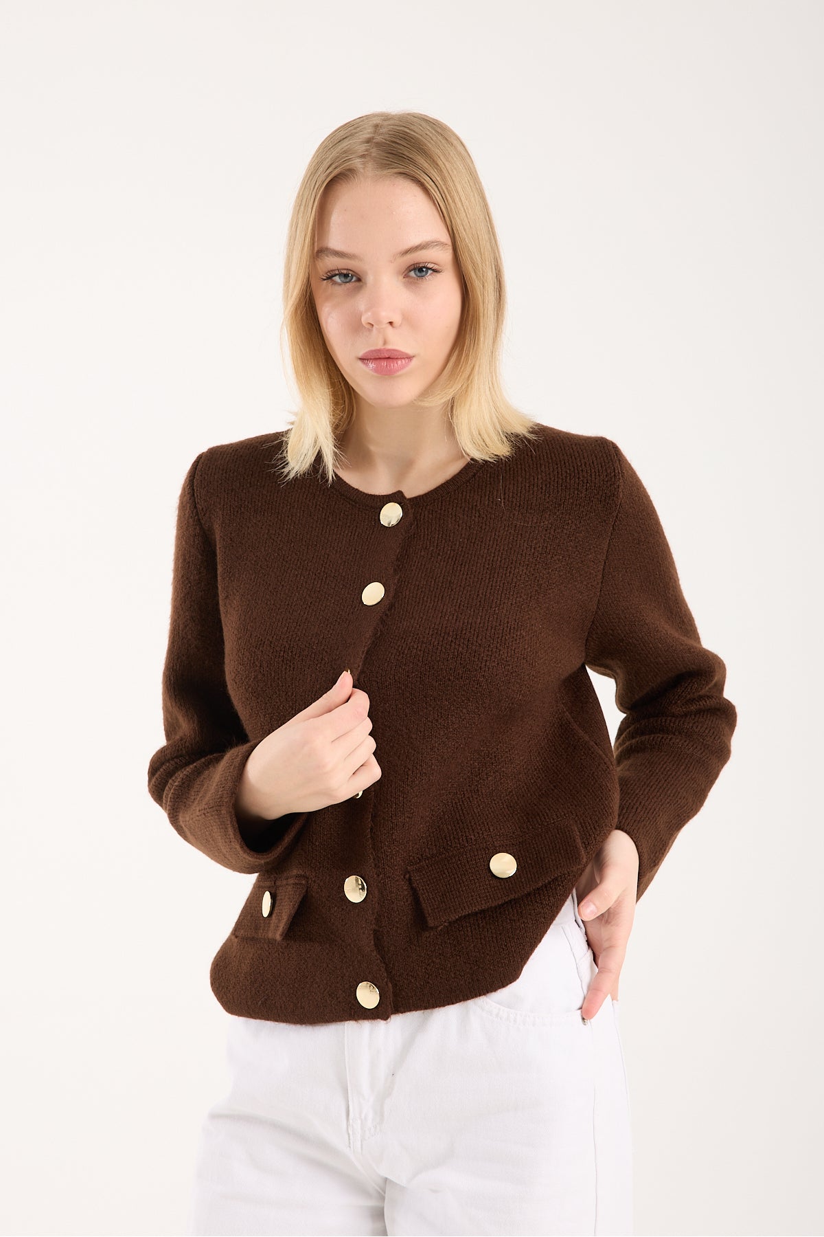 Yumoş ip düğmeli cepli kadın hırka 6517