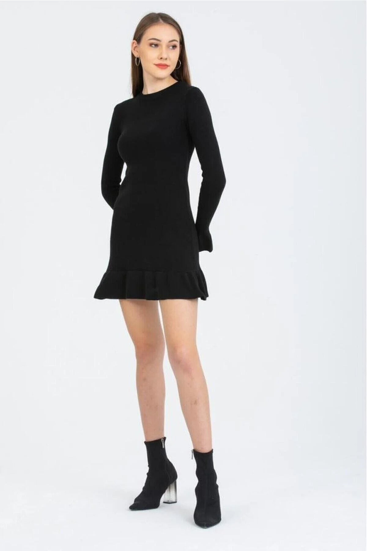 Kadın Triko Elbise Fırfır Detaylı Mini Boy Esnek Triko ipi 8588