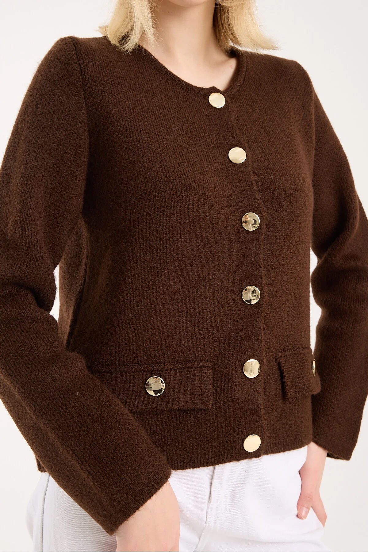 Yumoş ip düğmeli cepli kadın hırka 6517