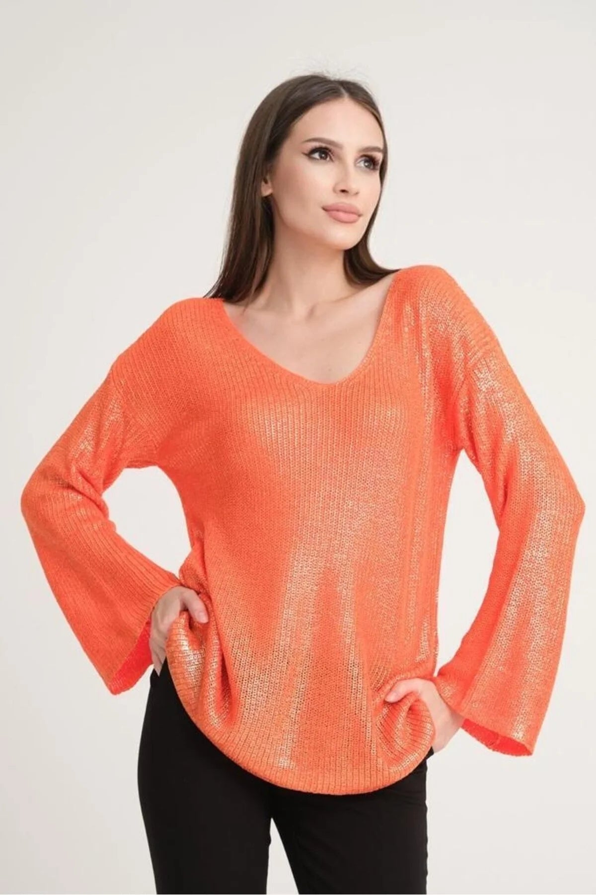 Kadın Triko Kazak Varak Kaplama Yeni Yıl Işıltılı V Yaka Parlak Uzun Kazak 3387