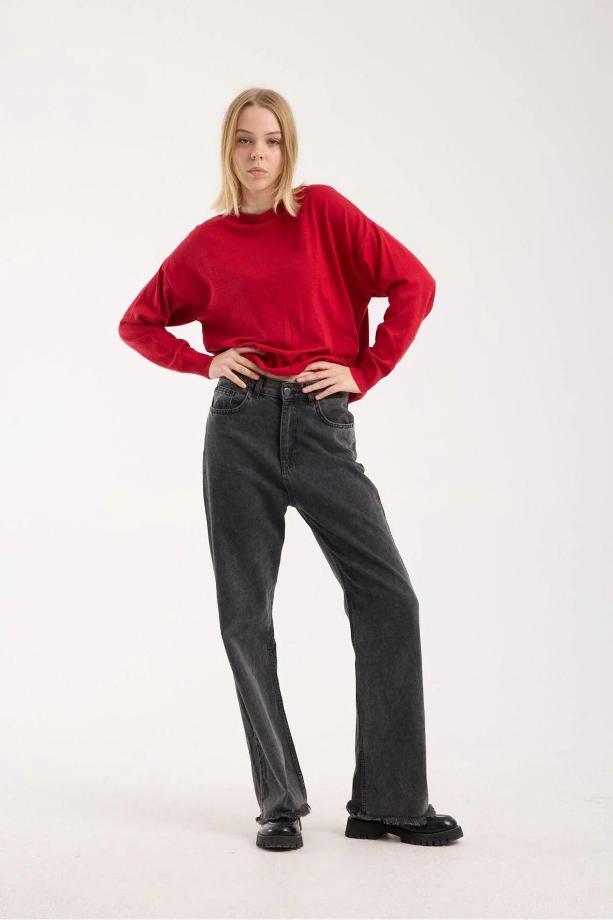 Kadın triko kazak yumuşak doku bisiklet yaka basic 3519