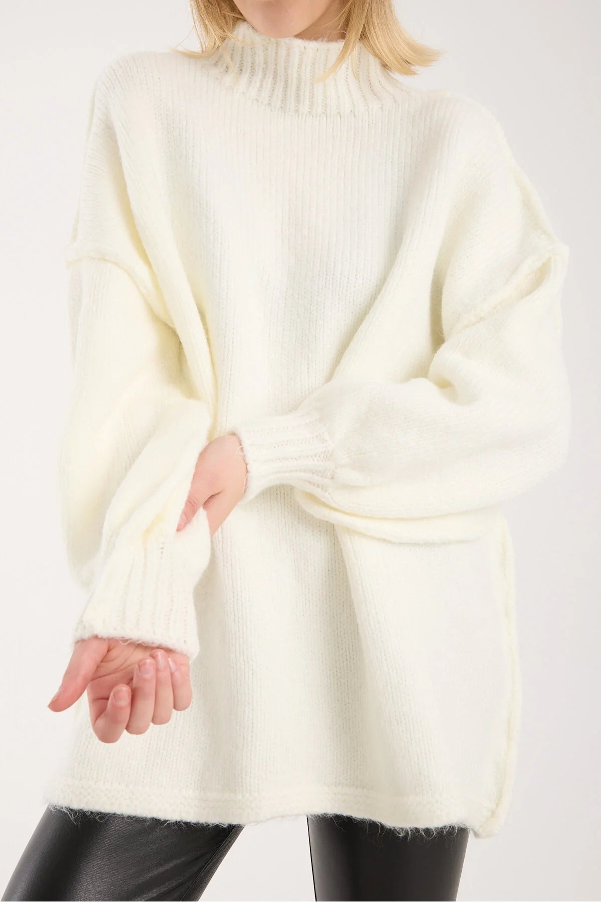 Yumoş ip ters dikiş oversize kadın kazak dik yaka 6513