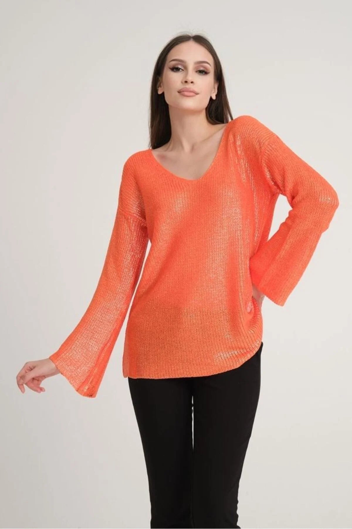 Kadın Triko Kazak Varak Kaplama Yeni Yıl Işıltılı V Yaka Parlak Uzun Kazak 3387