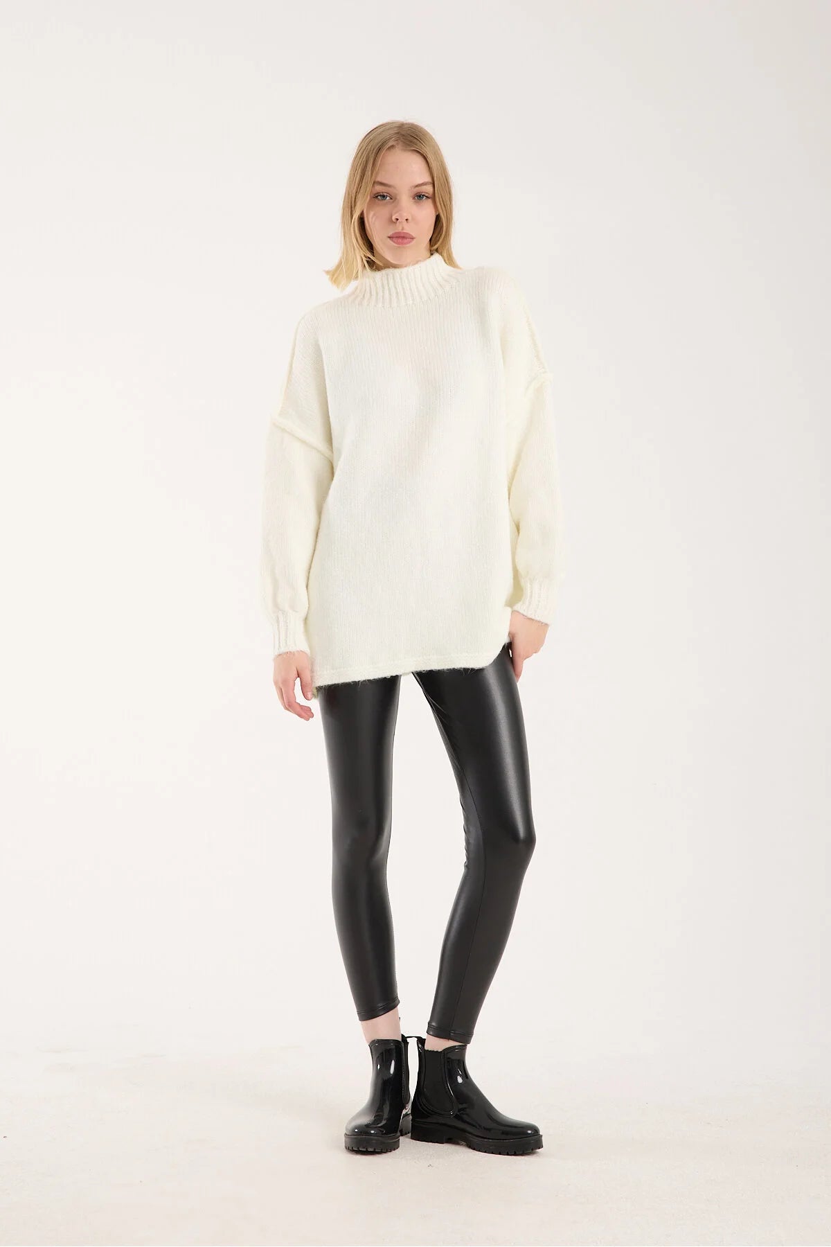 Yumoş ip ters dikiş oversize kadın kazak dik yaka 6513