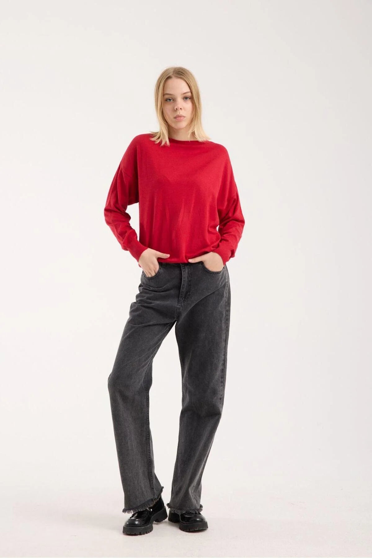 Kadın triko kazak yumuşak doku bisiklet yaka basic 3519