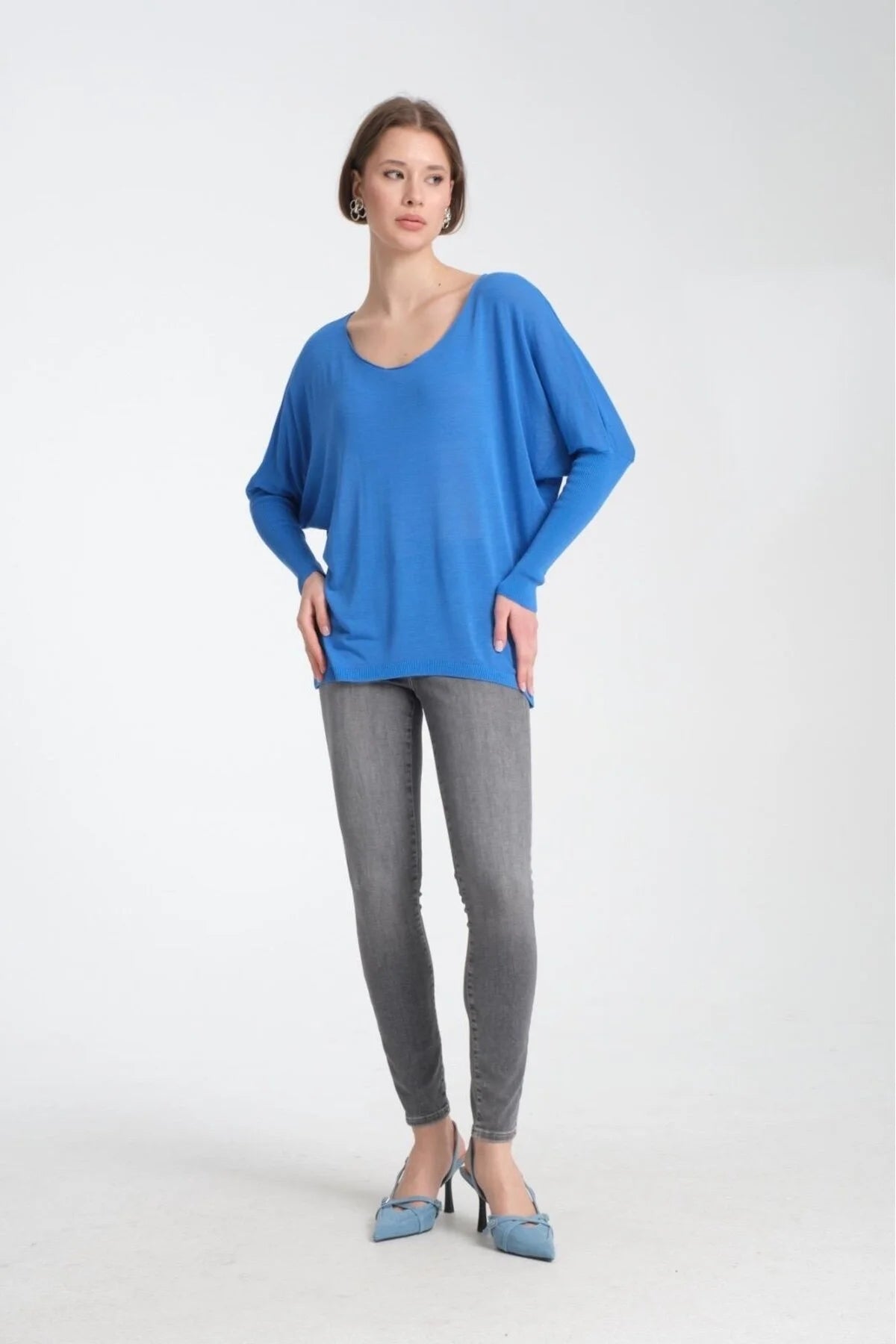 Kadın Giyim Bluz Ince Kazak U Yaka Omuz Düşük Uzunkol Rahat Kalıp Ince Viskon Üst Giyim 3500