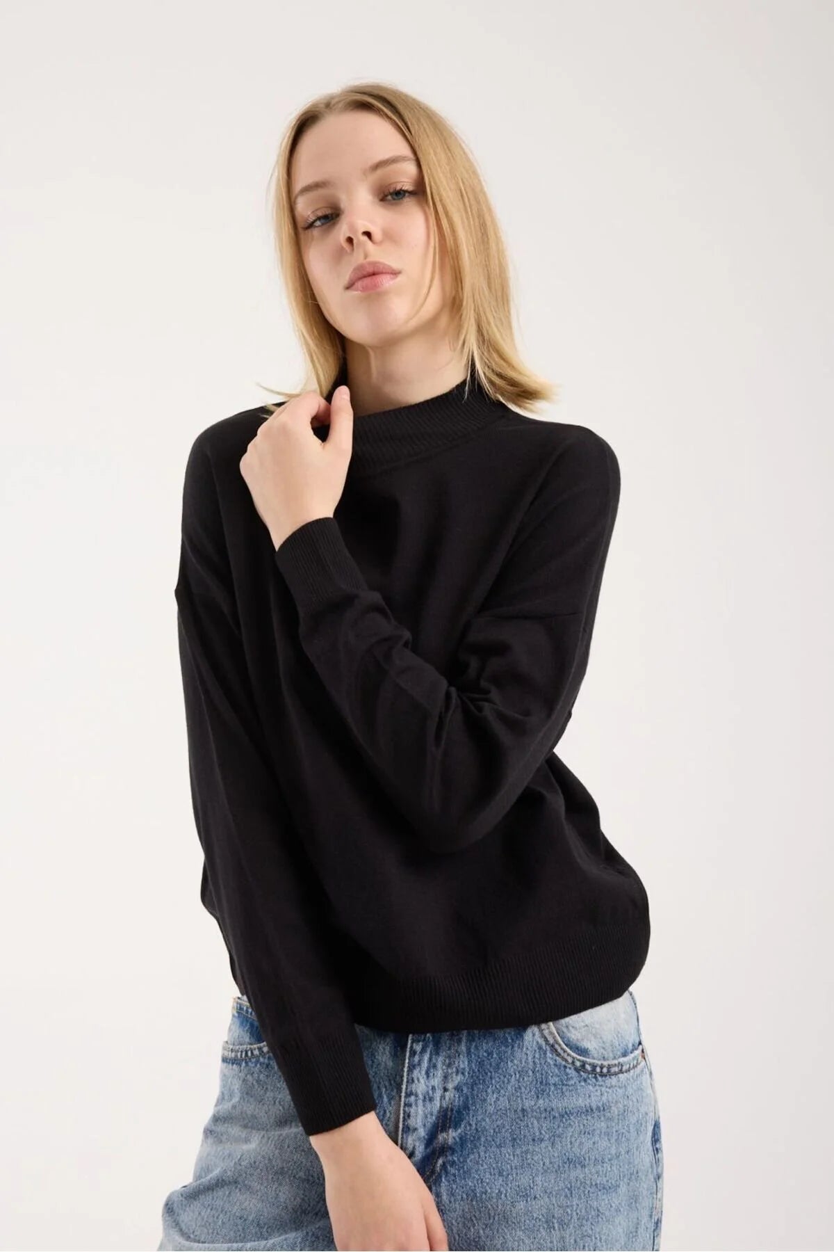 Kadın triko kazak yumuşak doku dik yaka basic 3522