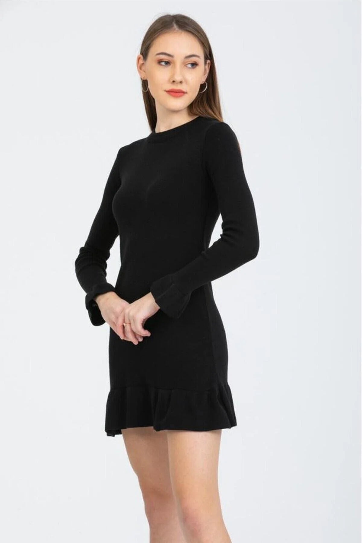 Kadın Triko Elbise Fırfır Detaylı Mini Boy Esnek Triko ipi 8588