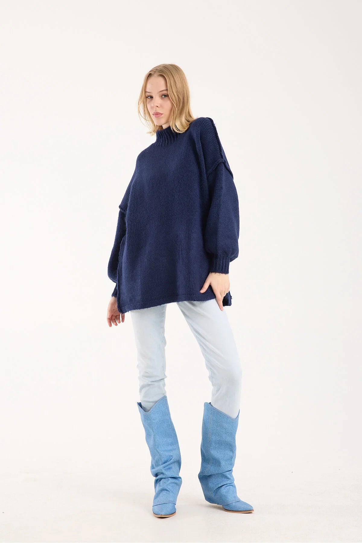 Yumoş ip ters dikiş oversize kadın kazak dik yaka 6513