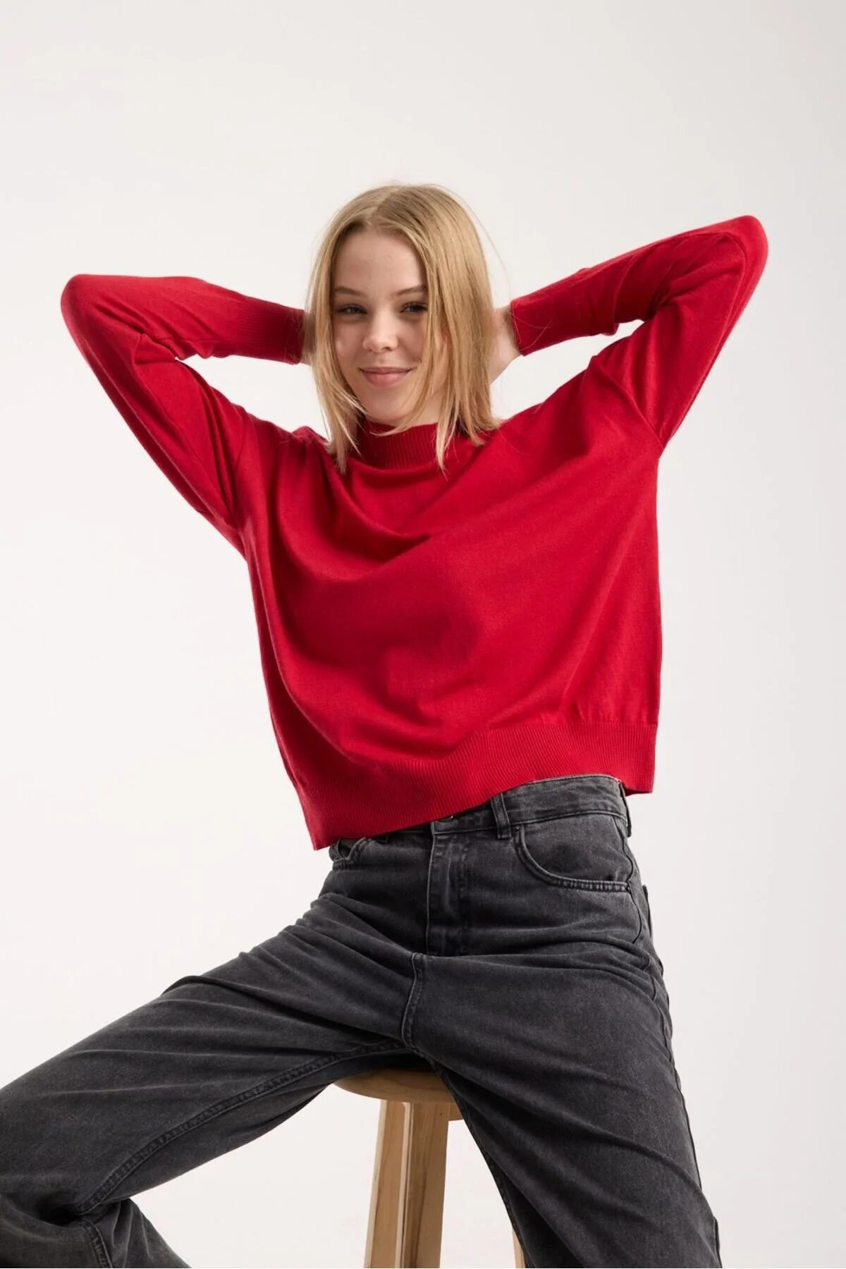 Kadın triko kazak yumuşak doku dik yaka basic 3522