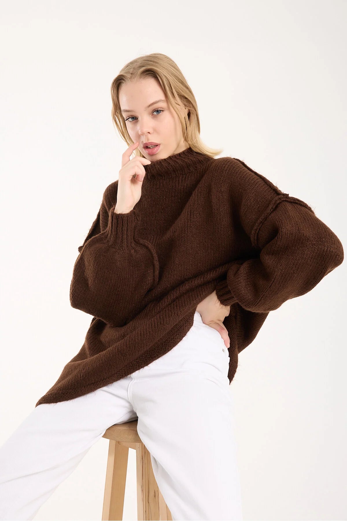 Yumoş ip ters dikiş oversize kadın kazak dik yaka 6513