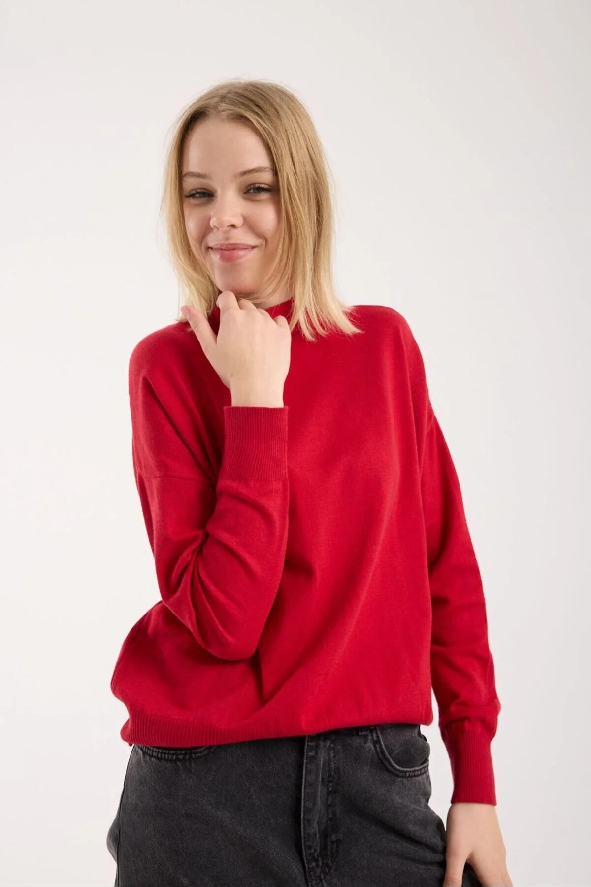 Kadın triko kazak yumuşak doku dik yaka basic 3522