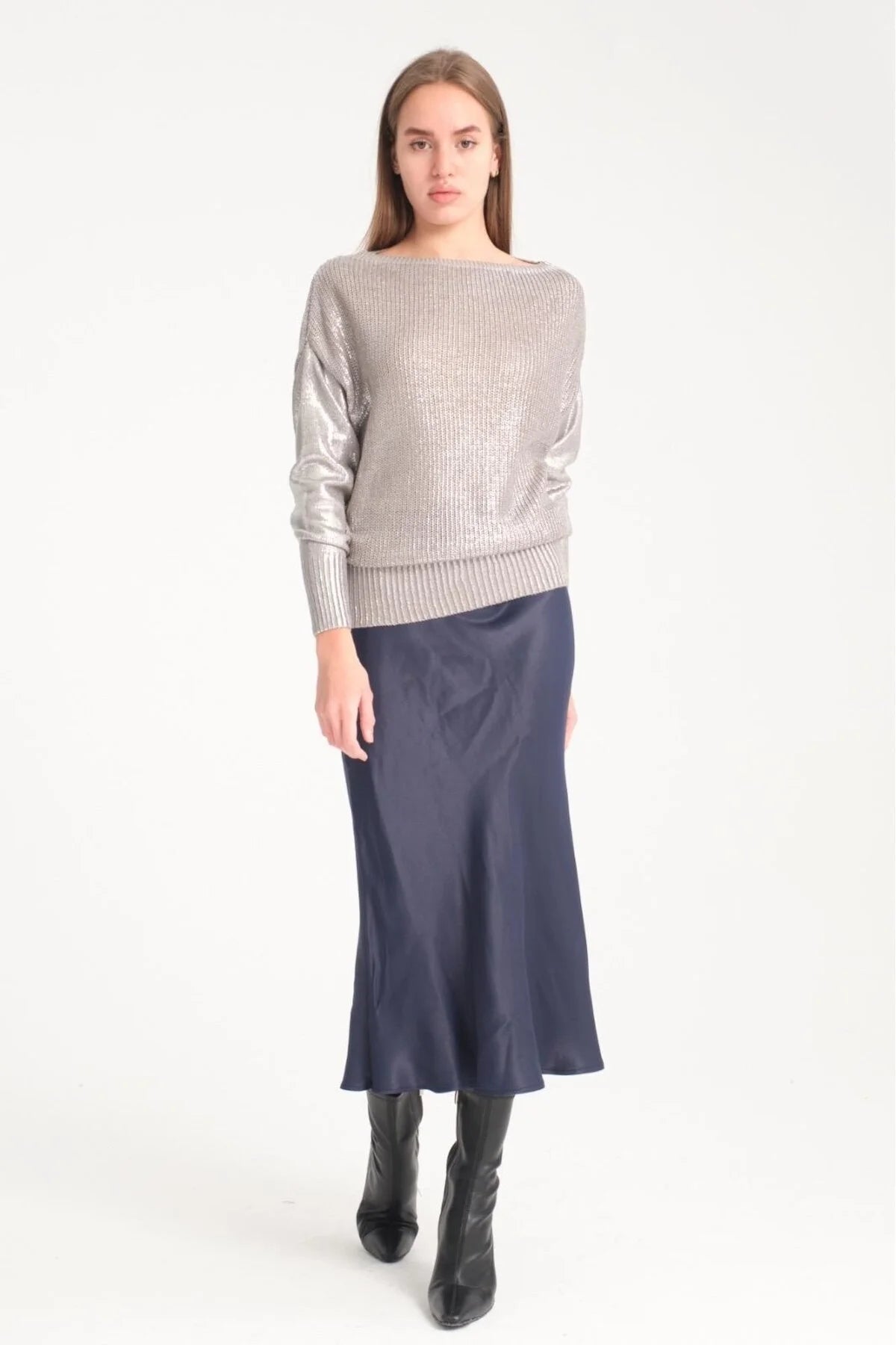 Kadın kazak parlak varak baskı ışıltılı triko Uzunkol şık kazak 3523