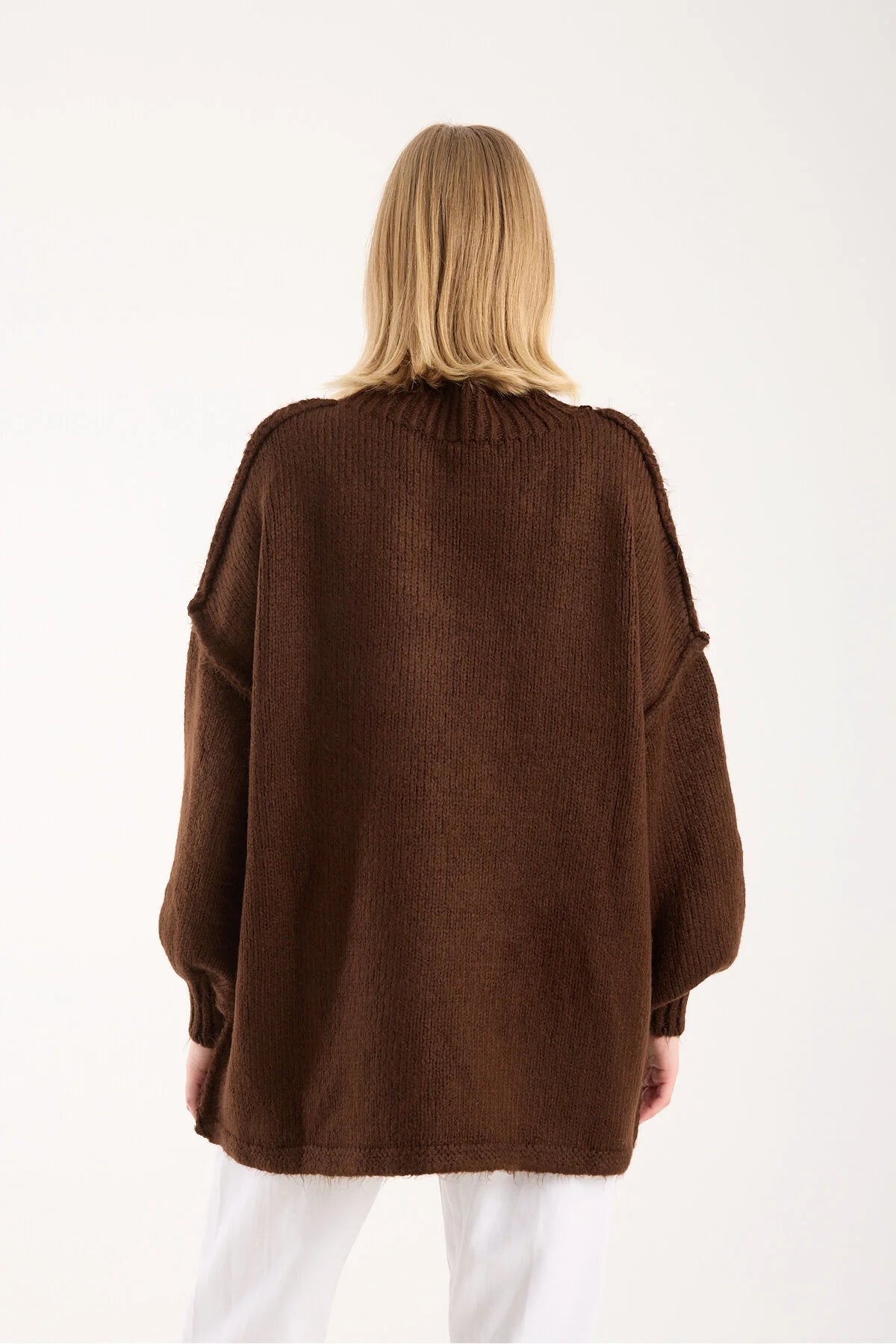 Yumoş ip ters dikiş oversize kadın kazak dik yaka 6513