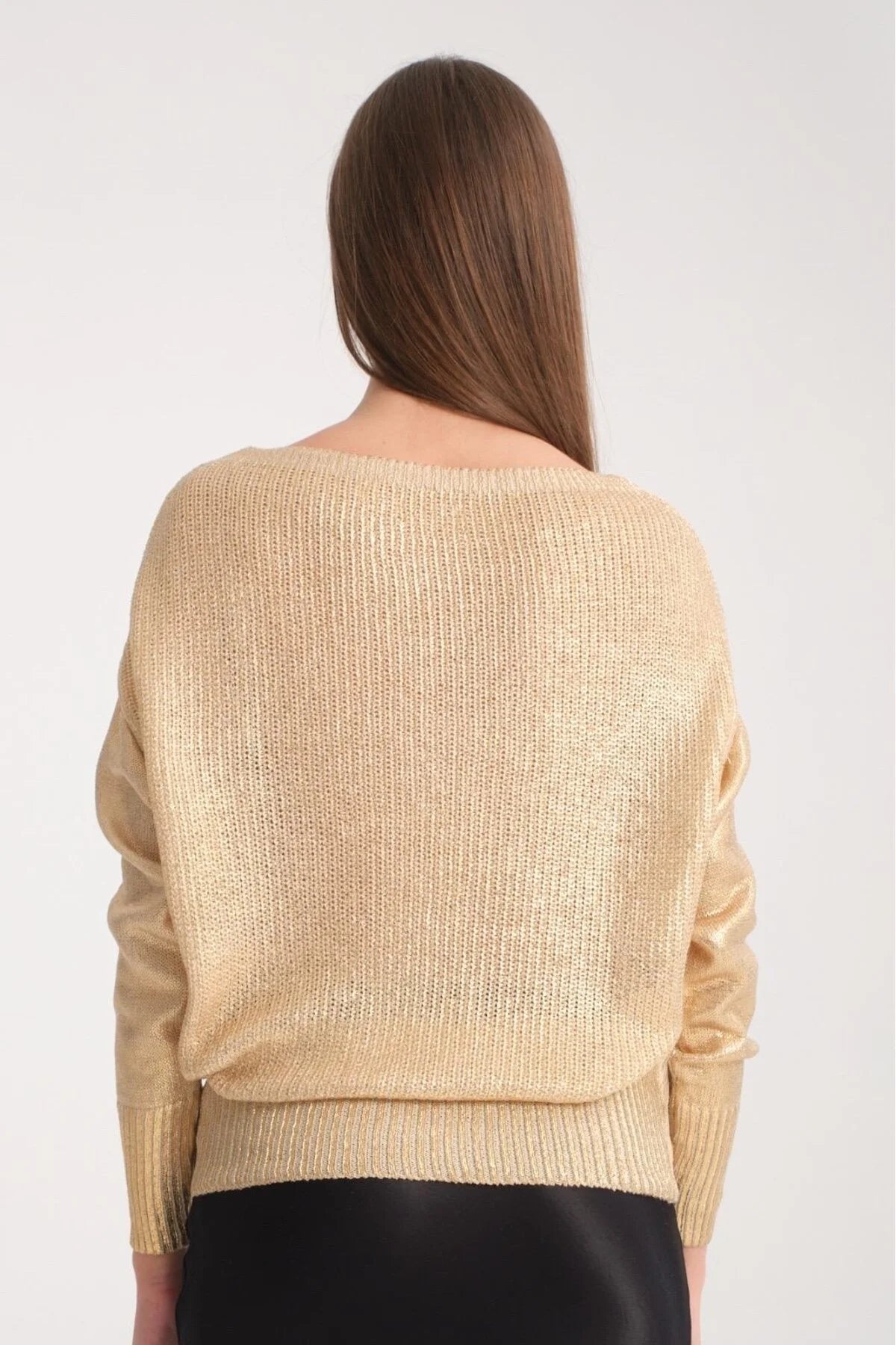 Kadın kazak parlak varak baskı ışıltılı triko Uzunkol şık kazak 3523