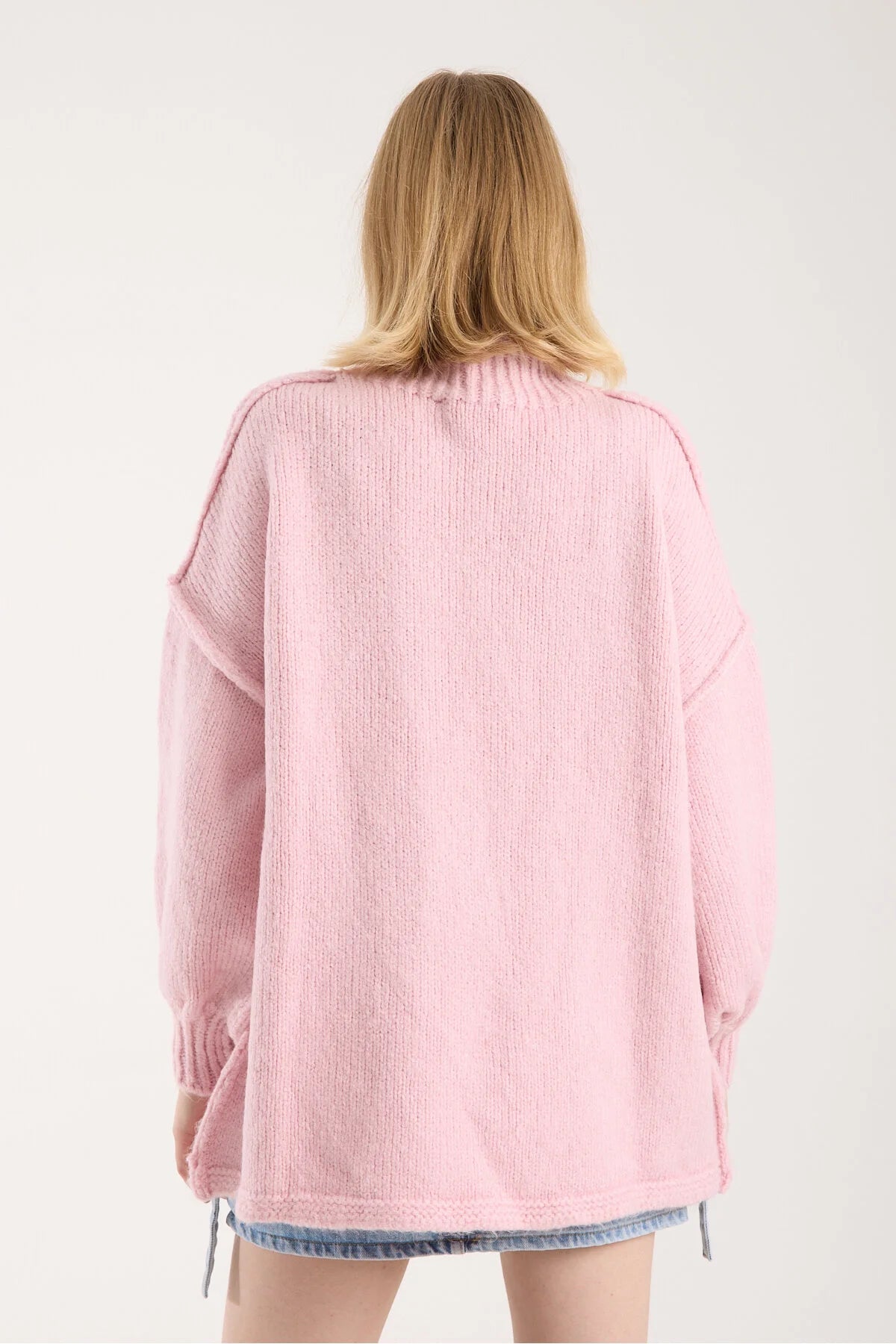 Yumoş ip ters dikiş oversize kadın kazak dik yaka 6513